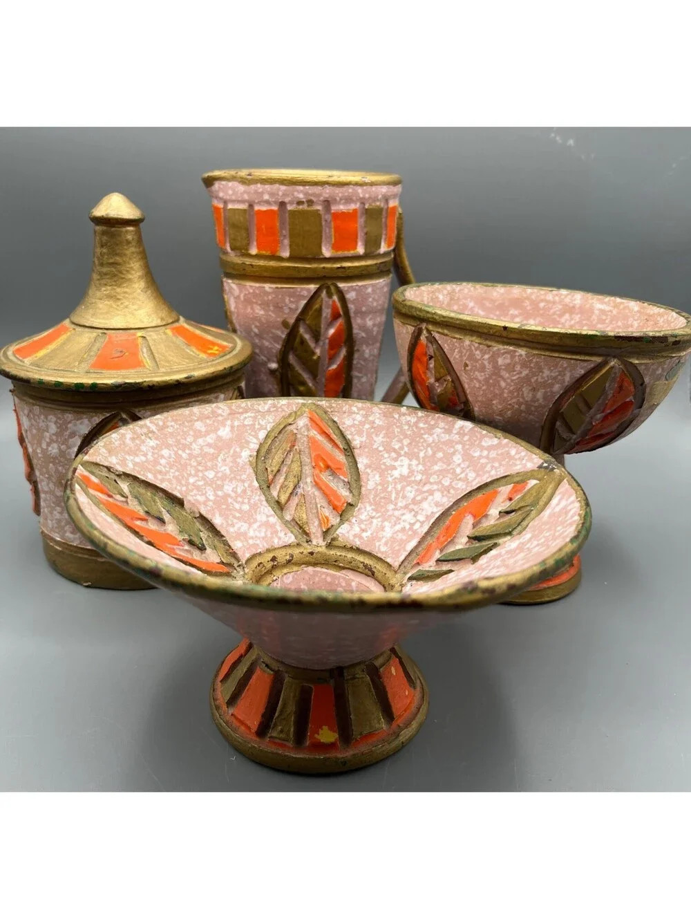 Vintage Italian Sgraffito Pottery 5 Pc Set Fratelli Fanciullacci Montelupo MCM